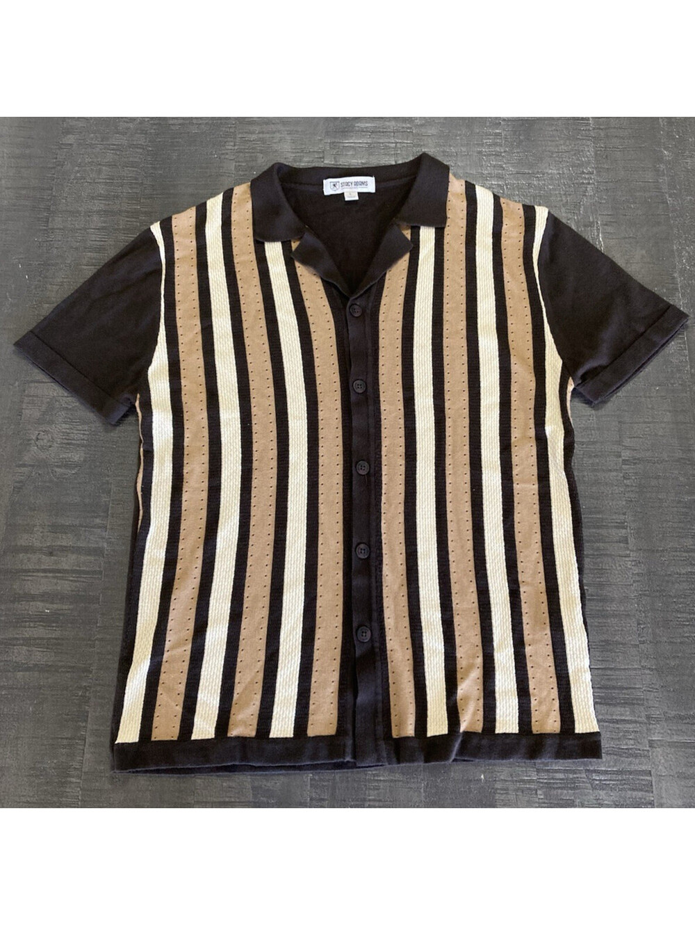 Stacy Adams Sweater L Stripe Brown Knit Button Front Short Sleeve Charlie Harper